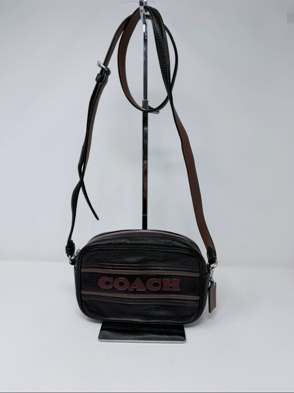 Coach Black Leather Crossbody with Burgundy Logo Stripe
